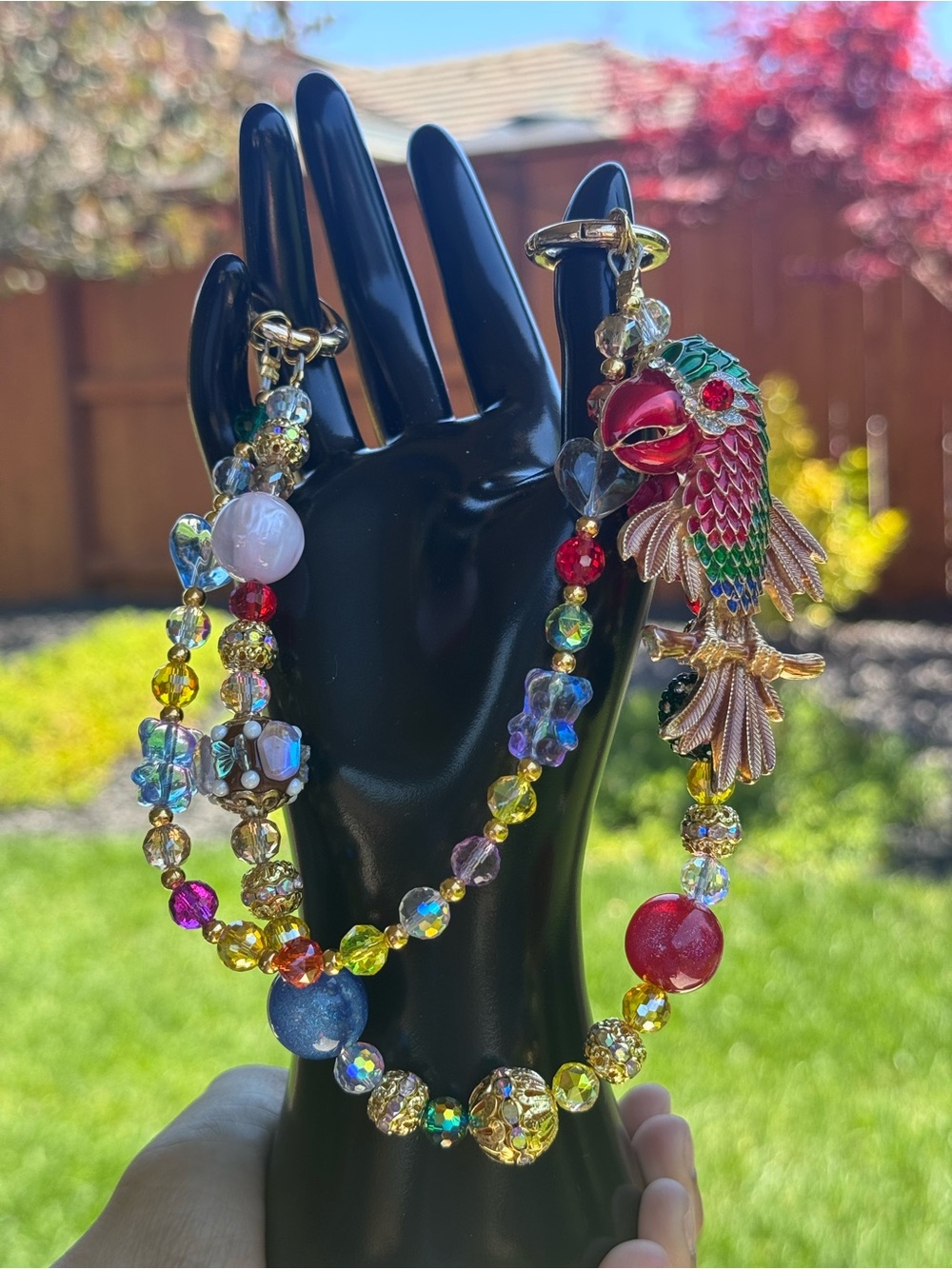 Multicolor Beaded Parrot Bag Charm Chain | Luxe Accessory | bird lover tropical - Picture 5 of 9